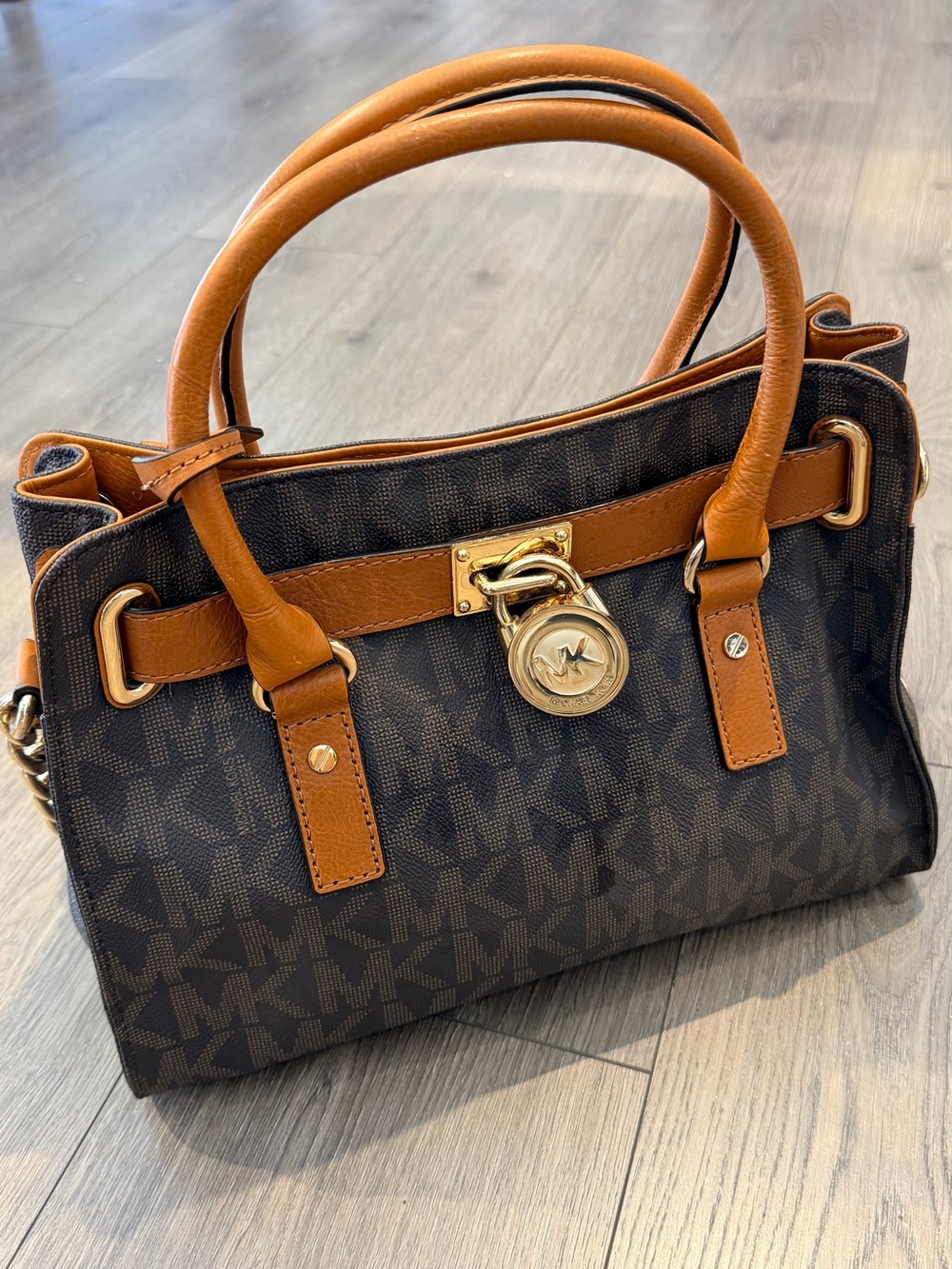 Michael Kors Brown MK Logo Satchel with Tan Trim and Gold Hardware